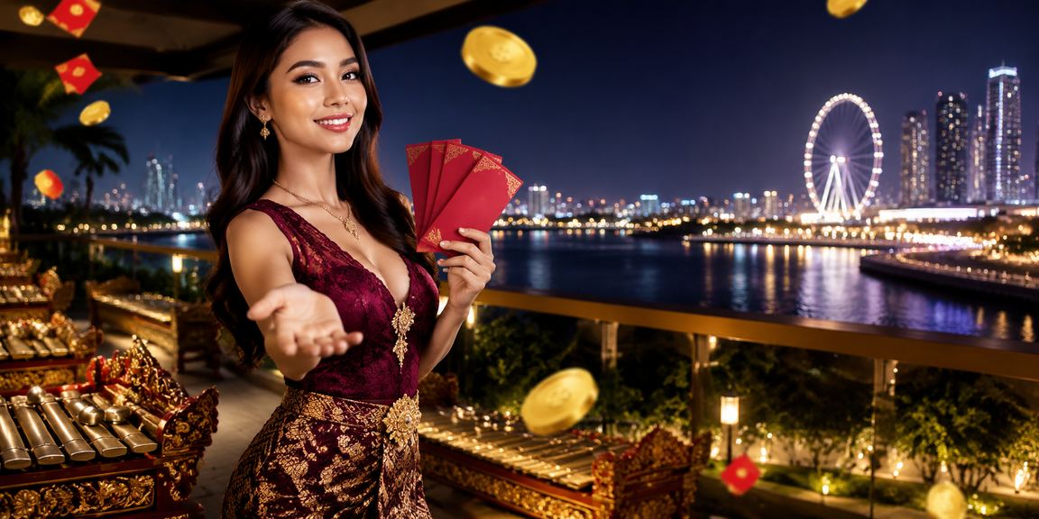 Model muda Vietnam memegang amplop merah hadiah sambil tersenyum cerah di depan kamera