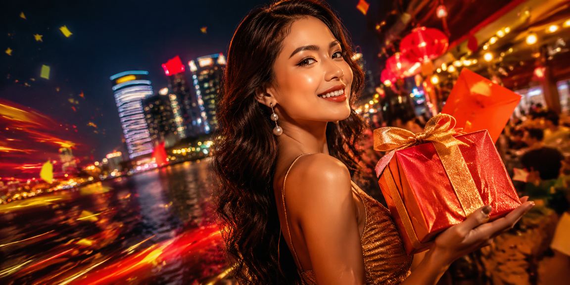 Amplop merah berisi hadiah bonus di pasar malam sebagai simbol promosi festival