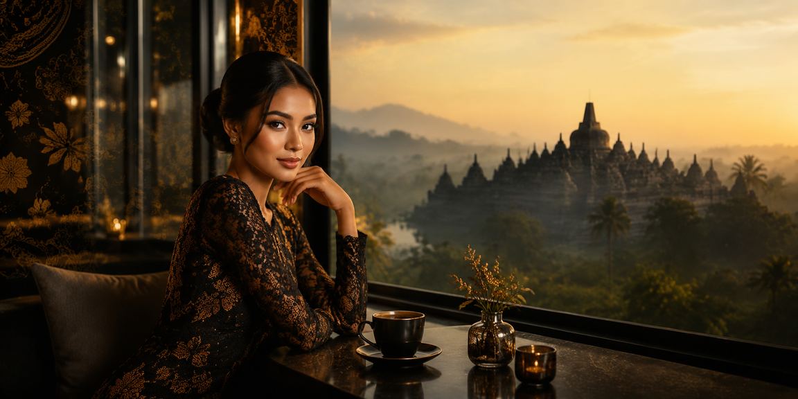 Suasana kafe Vietnam yang elegan dengan seseorang menikmati kopi sambil membaca informasi program VIP