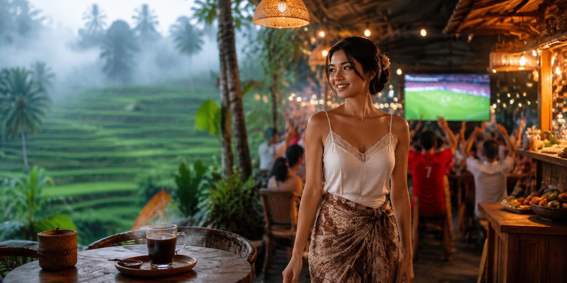 Meja kafe dengan nuansa hangat menampilkan layar permainan kasino dan informasi taruhan