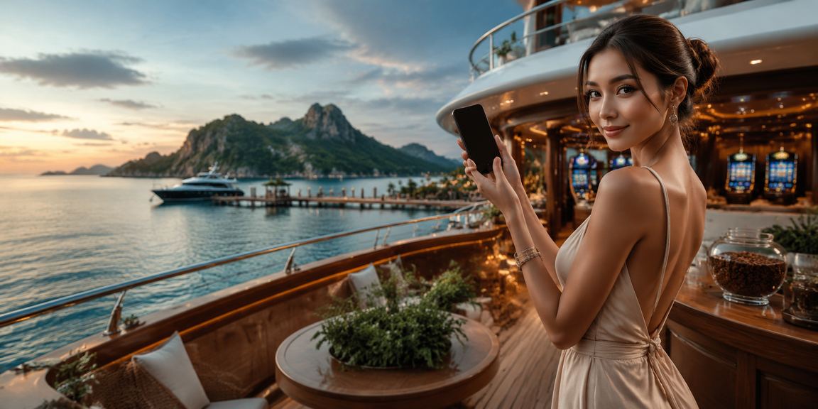 Seseorang menikmati permainan casino mobile di kafe Vietnam sambil minum kopi dengan suasana santai dan terkontrol