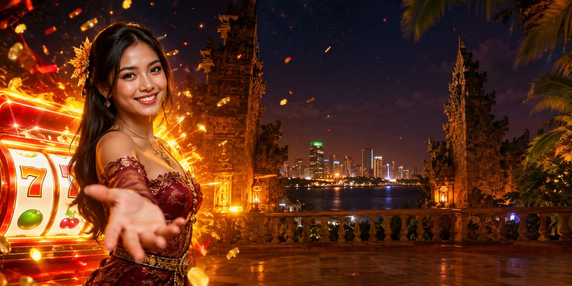 Layar game slot berwarna cerah di tepi pantai yang menampilkan simbol berputar dalam permainan kasual